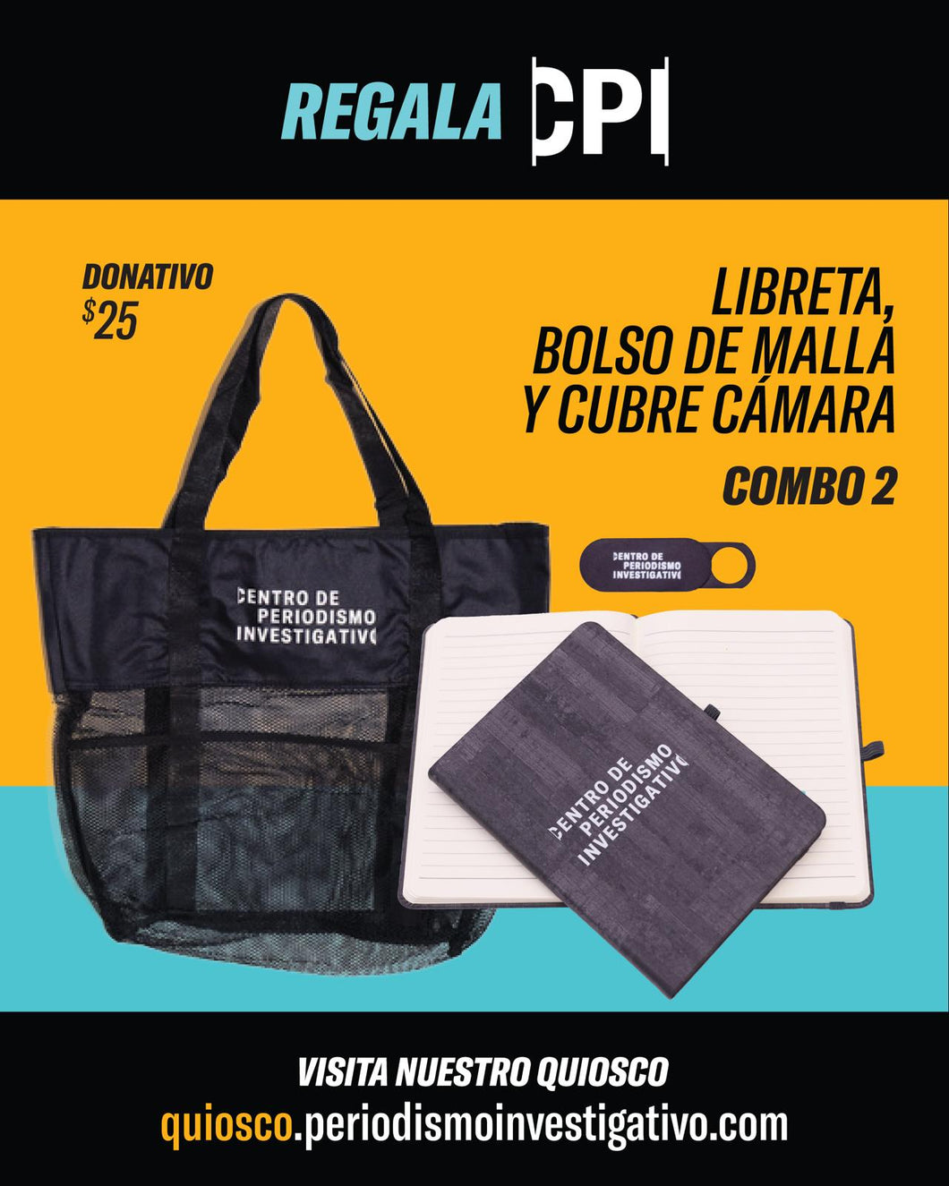 Combo 2: Libreta + Bolso de malla y Cubre cámara